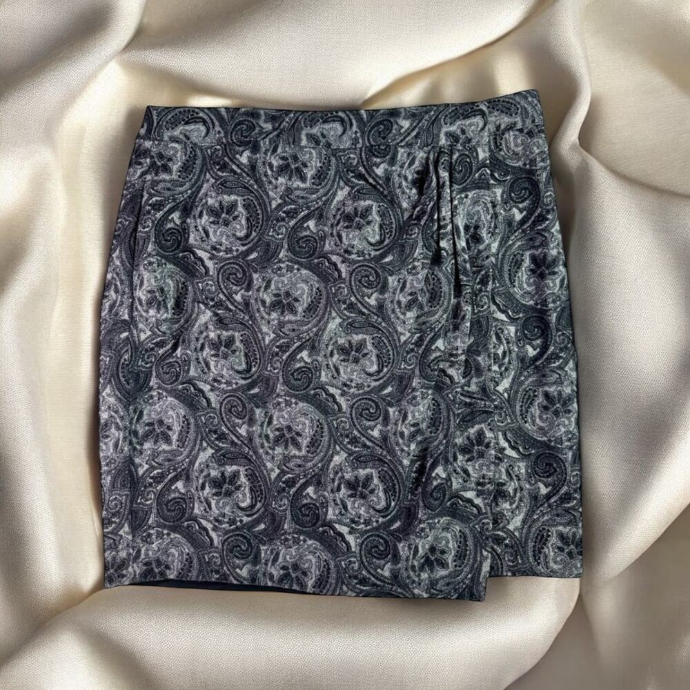 Talbots Women's 12 Black & Gray Paisley Wool Viscose Wrap Mini Pencil Skirt